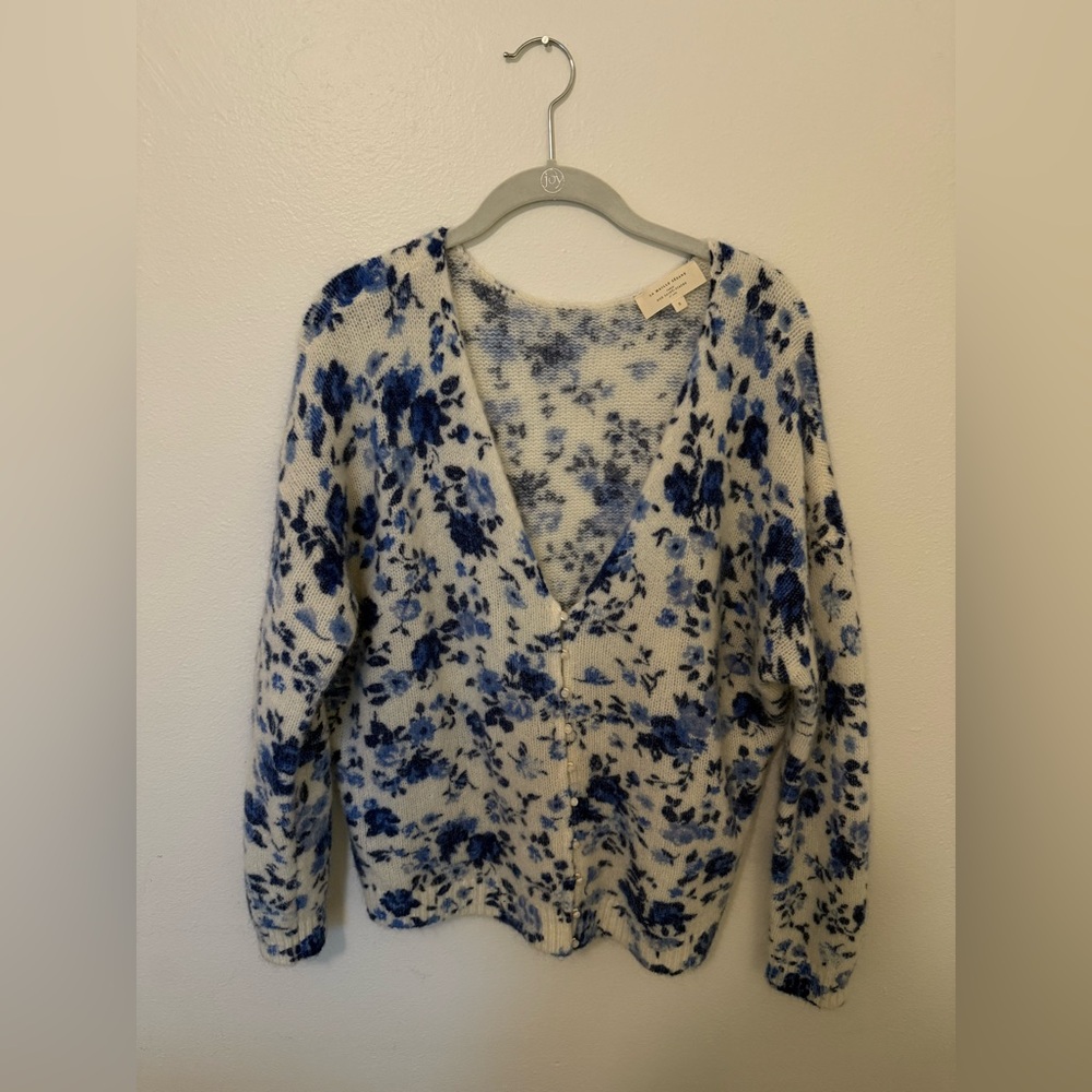 Sezane Blue and White Floral Cardigan